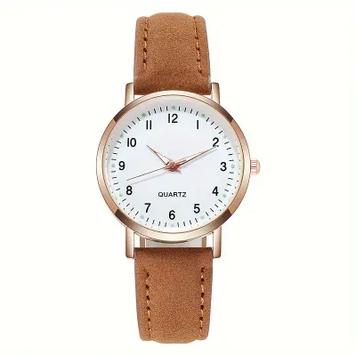 Cute Round Pointer Quartz Watch Luminous Analog Brown Color PU Wrist Watch For Women Daily Use.