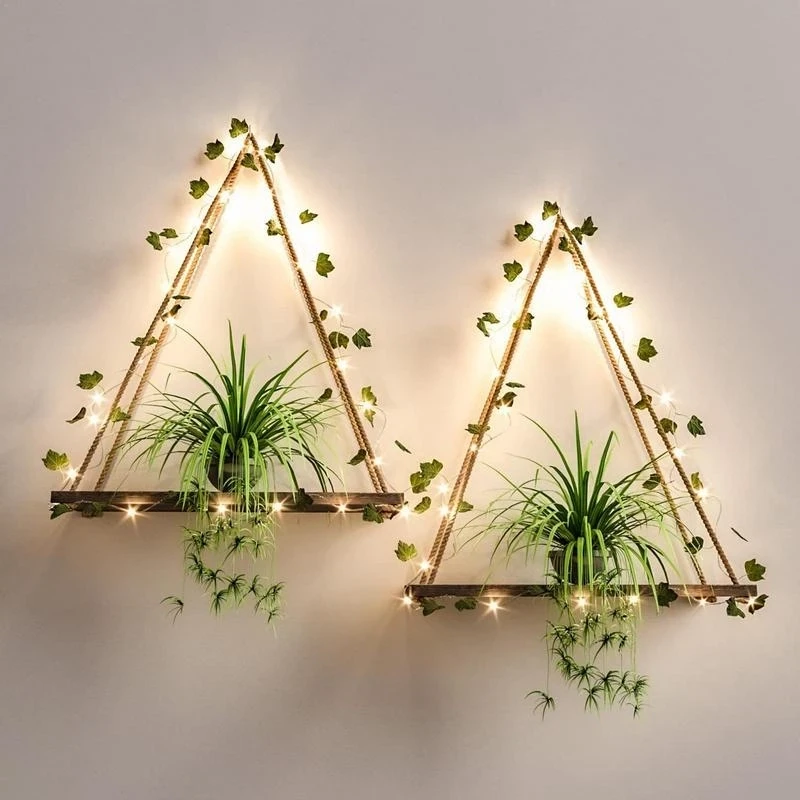 Wood Hanging Plant Shelf with Artificial Ivy LED-Strip