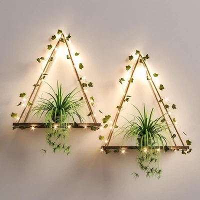 Wood Hanging Plant Shelf with Artificial Ivy LED-Strip
