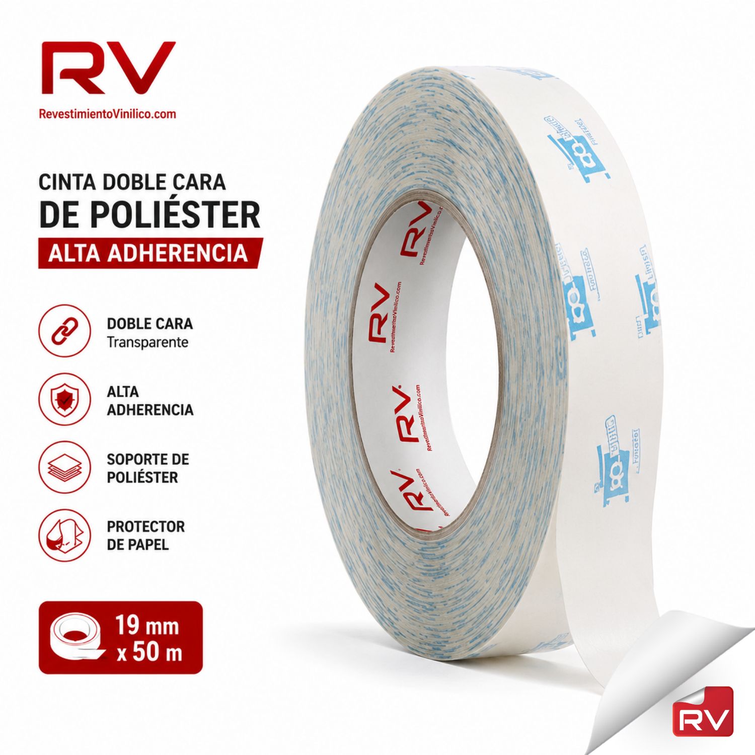 Cinta Doble Cara de Poliéster Alta Adherencia – 19 mm × 50 m