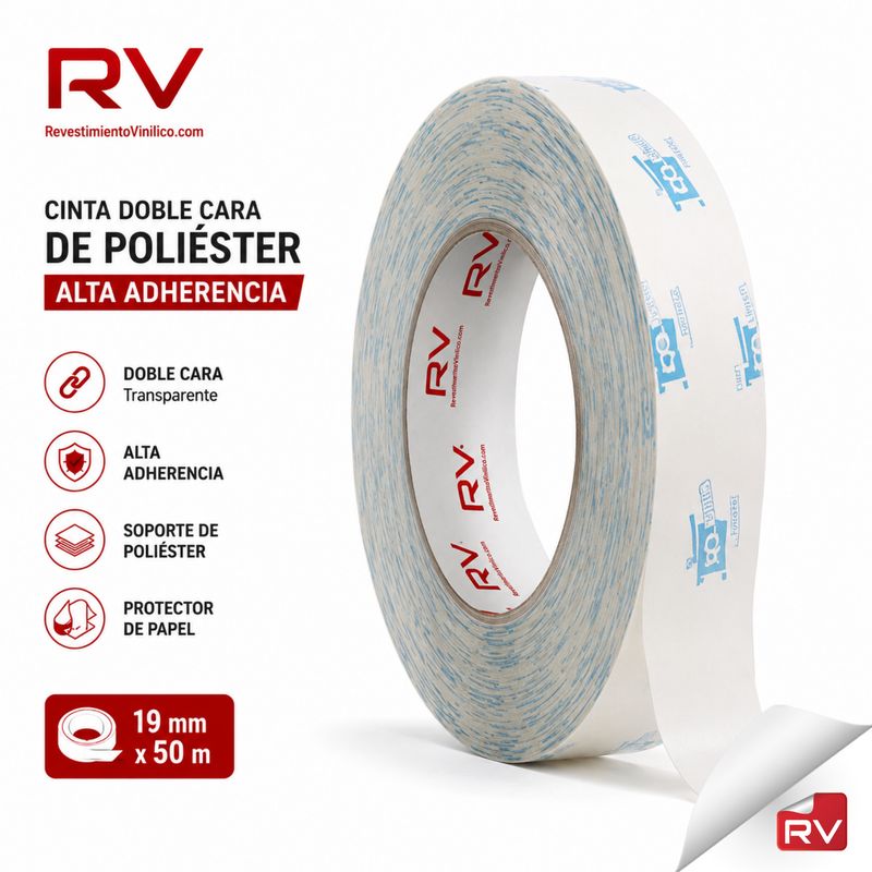 Cinta Doble Cara de Poliéster Alta Adherencia – 19 mm × 50 m