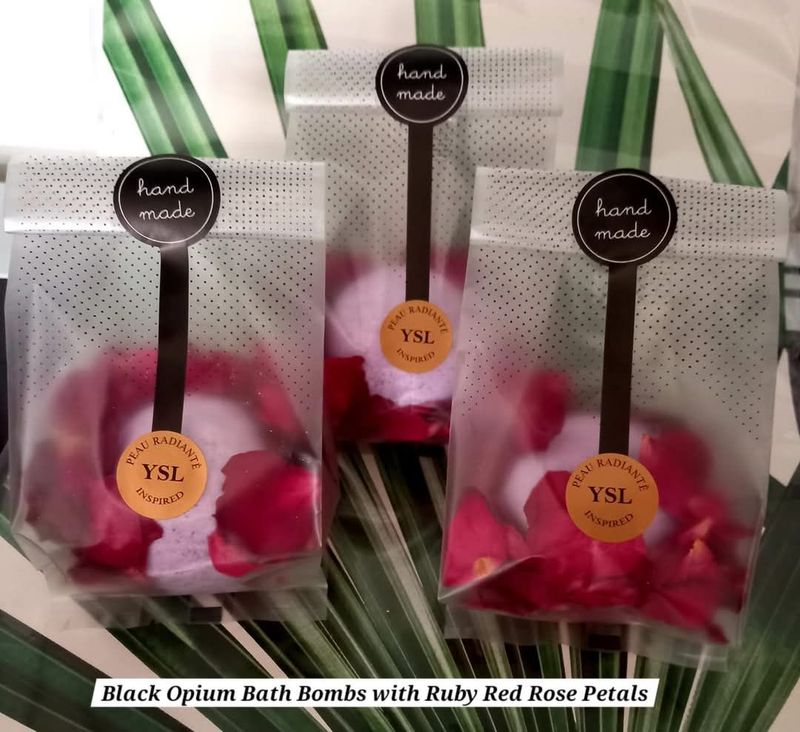 YSL - BLACK OPIUM Bath Bombs with Ruby Red Rose Petals.