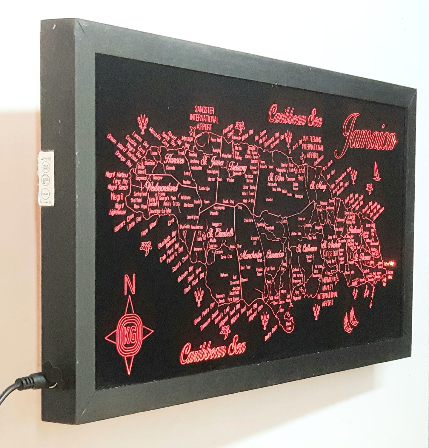 JAMAICA Black Glass LED Framed Map of the Caribbean Island, Map Sizes:: Medium 610mm (24&quot;)w x 304mm h(12&quot;)h
