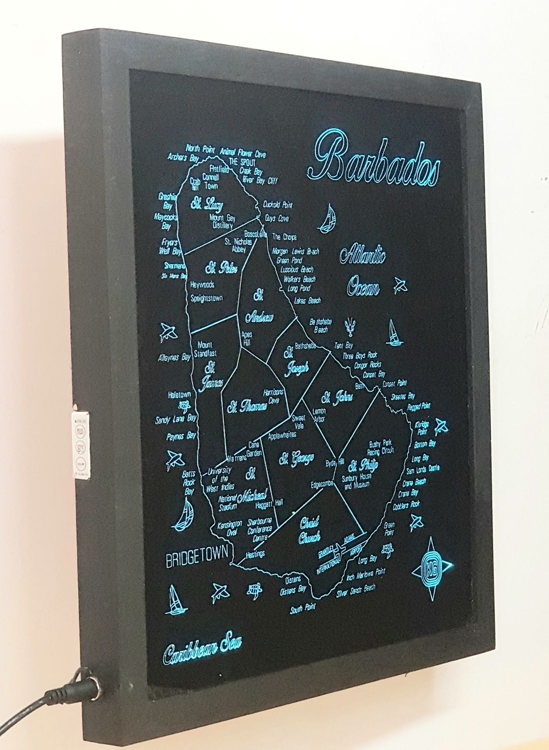 LED Gift Map of the Caribbean Island of BARBADOS, Map Sizes:: Medium 450mm (17-3/4) w x 505mm (19-7/8&quot;) h