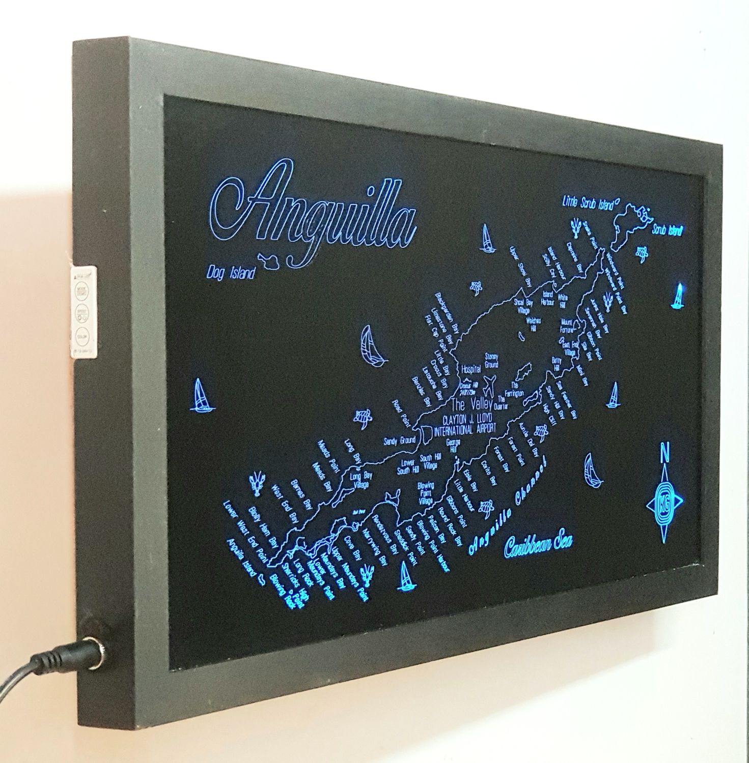 LED Gift Map of the Caribbean Islands of ANGUILLA, Map Sizes:: Medium 610 (24&quot;) mm w x 304 (12&quot;) mm h