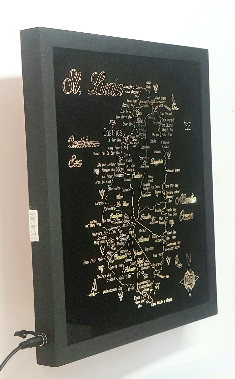 LED Gift Map of the Caribbean Island of ST. LUCIA, Map Sizes:: Medium 450mm (17-3/4) w x 505mm (19-7/8&quot;) h