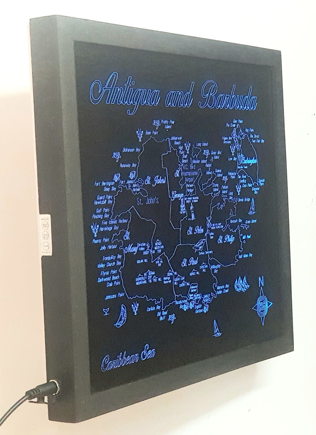 LED Gift Map of the the Caribbean Islands of ANTIGUA and BARBUDA, Map Sizes:: Medium 505mm (19-7/8&quot;)w x 450mm (17-3/4)h
