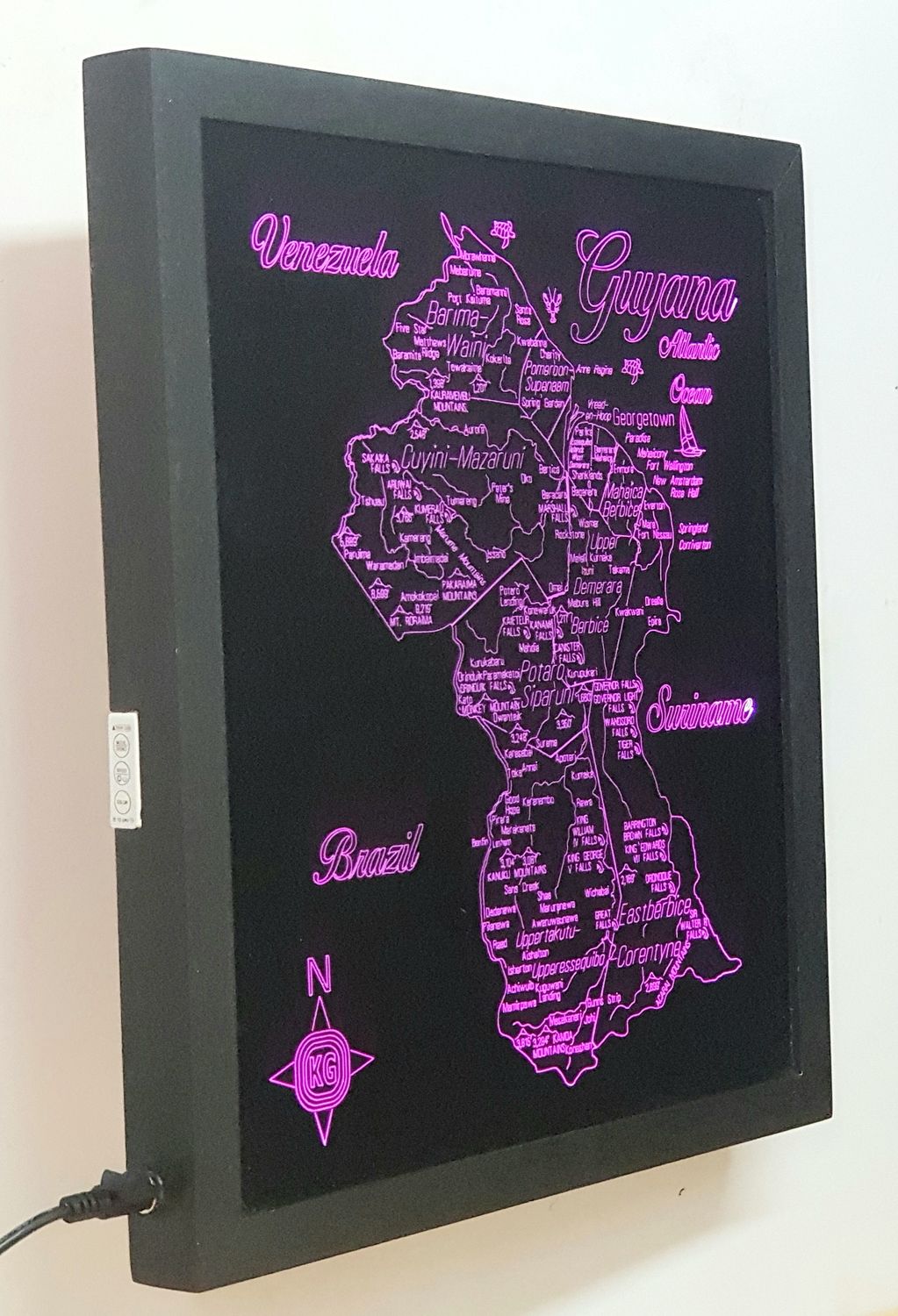 LED Gift Map of the Republic of GUYANA, Map Sizes:: Medium 505mm (19-7/8&quot;)w x 450mm (17-3/4)h