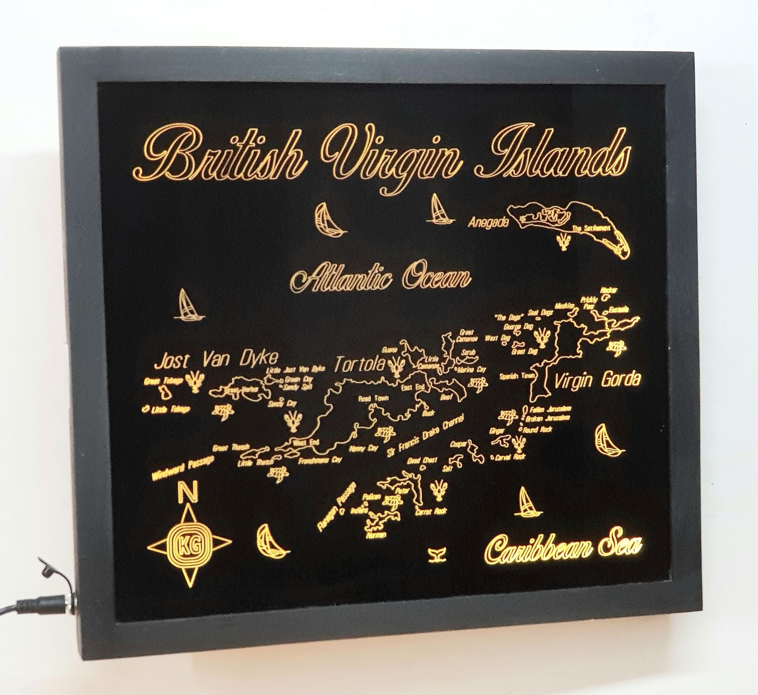 LED Gift Map of the BRITISH VIRGIN ISLANDS, Map Sizes:: Medium 610 (24&quot;) mm w x 304 (12&quot;) mm h