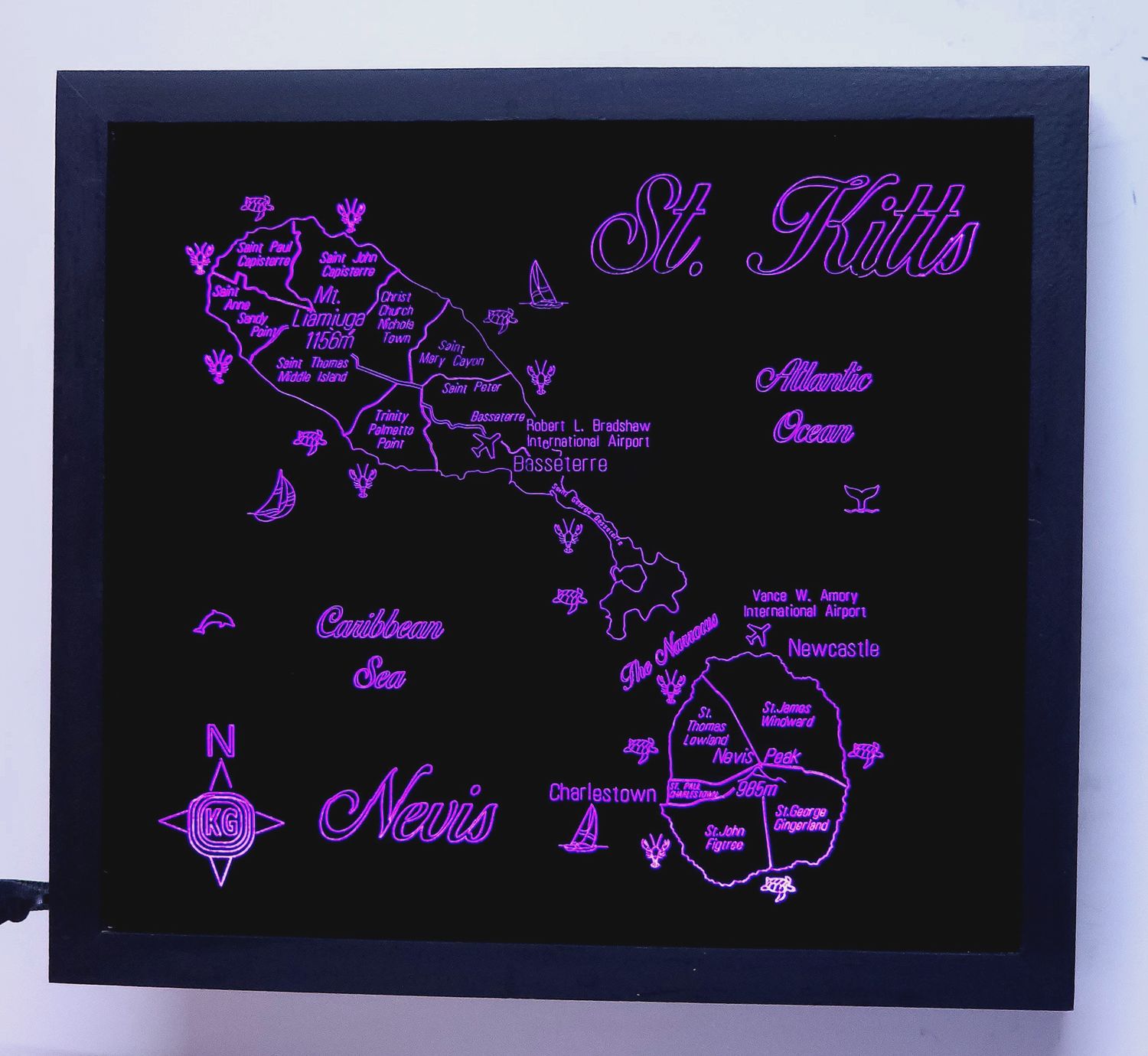 LED Gift Map of the Caribbean Islands of ST. KITTS and NEVIS, Map Sizes:: Medium 505mm (19-7/8&quot;)w x 450mm (17-3/4)h