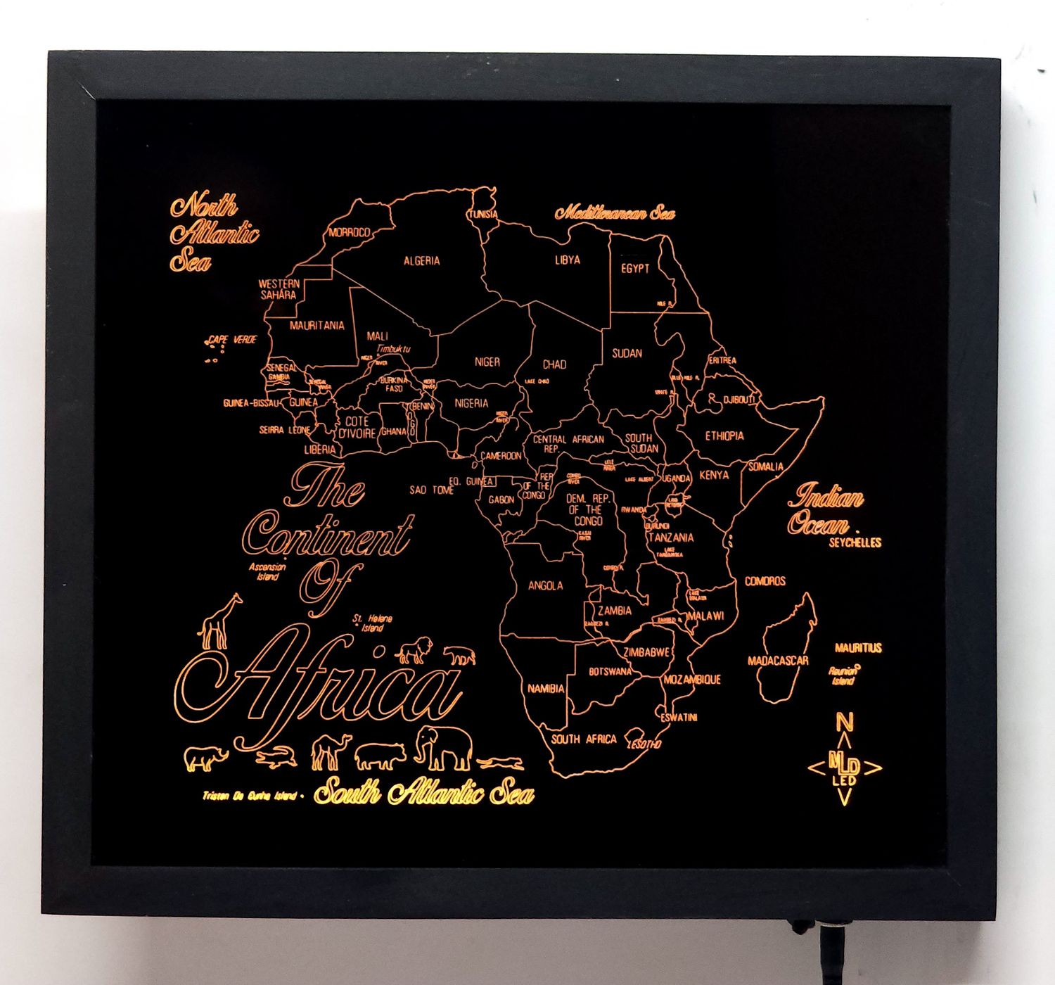 LED Gift Map of the Continent of AFRICA, Map Sizes:: Medium 450mm (17-3/4) w x 505mm (19-7/8&quot;) h