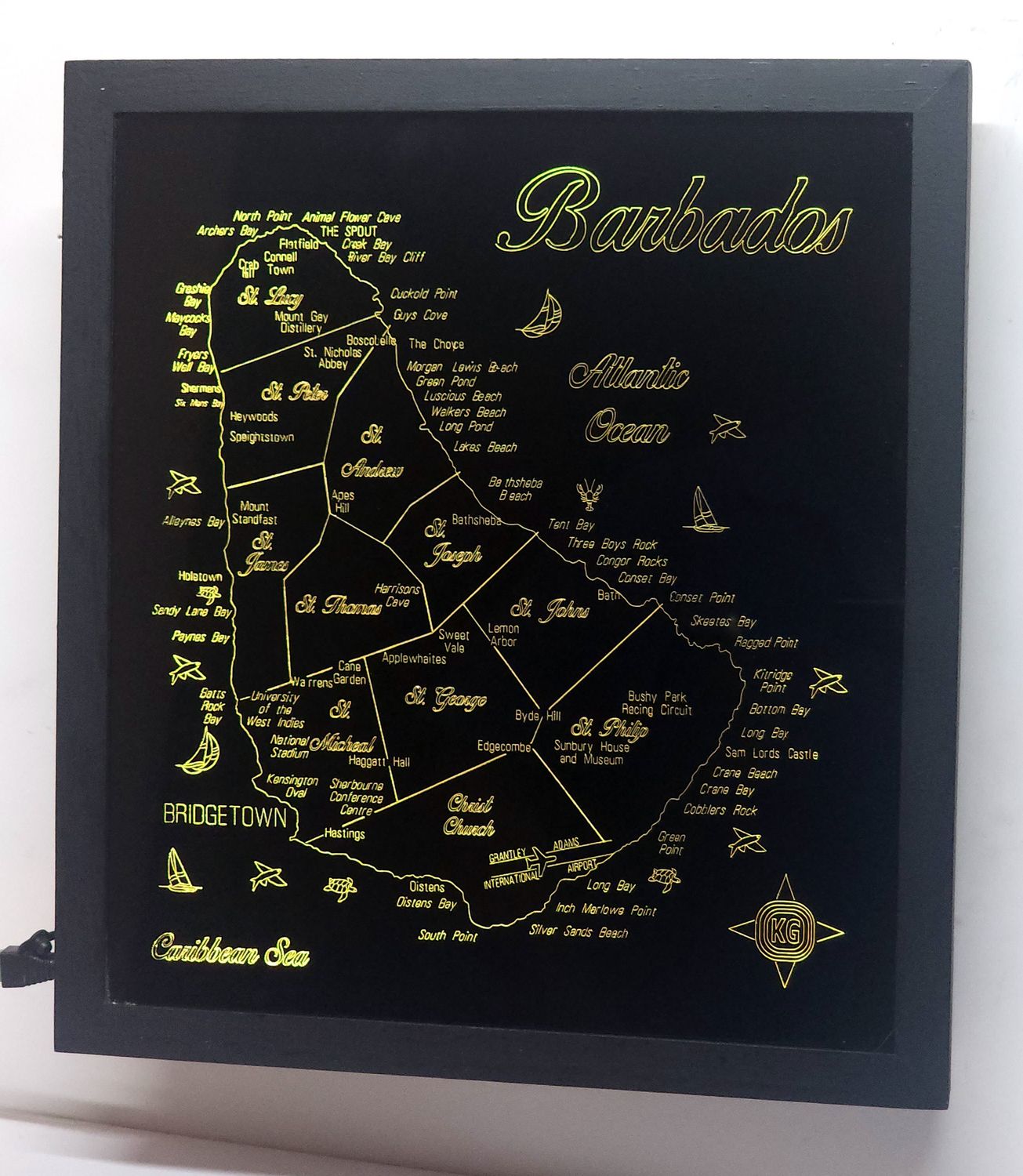 LED Gift Map of the Caribbean Island of BARBADOS, Map Sizes:: Medium 450mm (17-3/4) w x 505mm (19-7/8&quot;) h