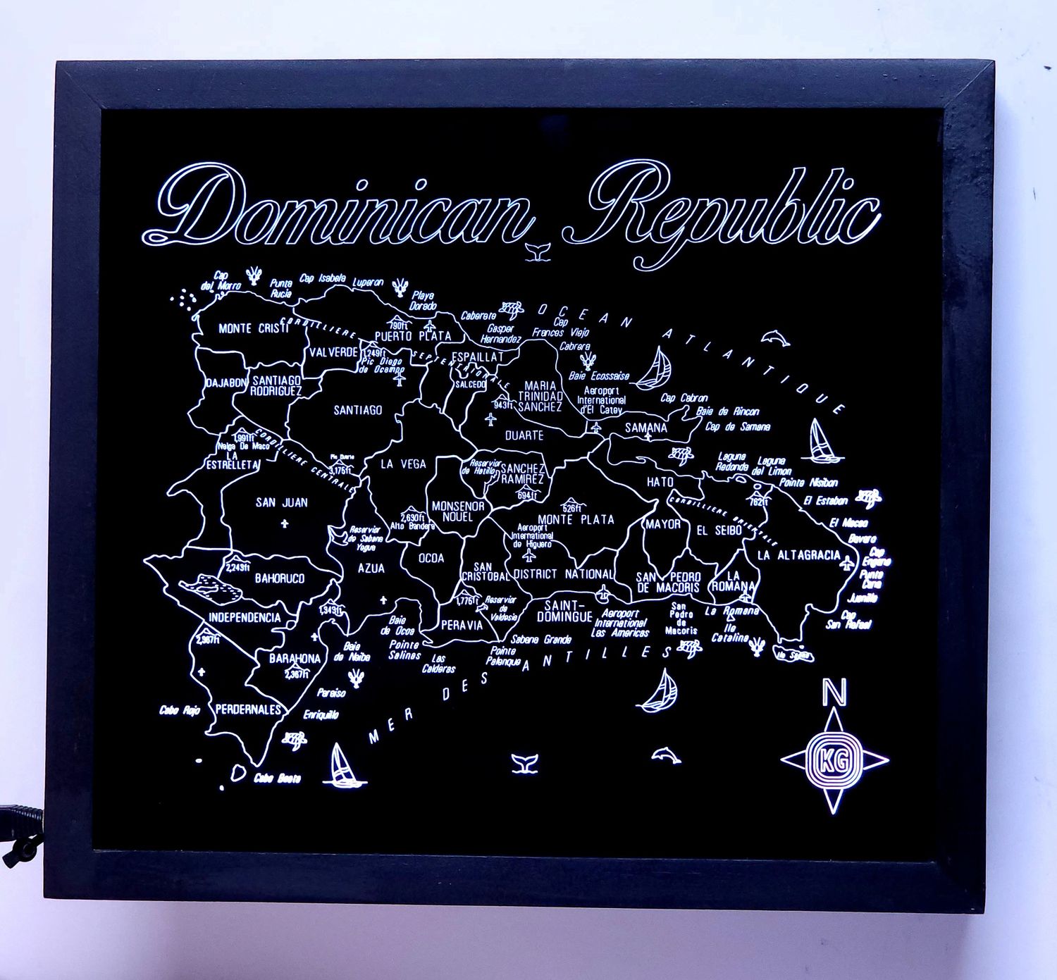 LED Gift Map of the Caribbean Island of the DOMINICAN REPUBLIC, Map Sizes:: Medium 505mm (19-7/8&quot;)w x 450mm (17-3/4)h