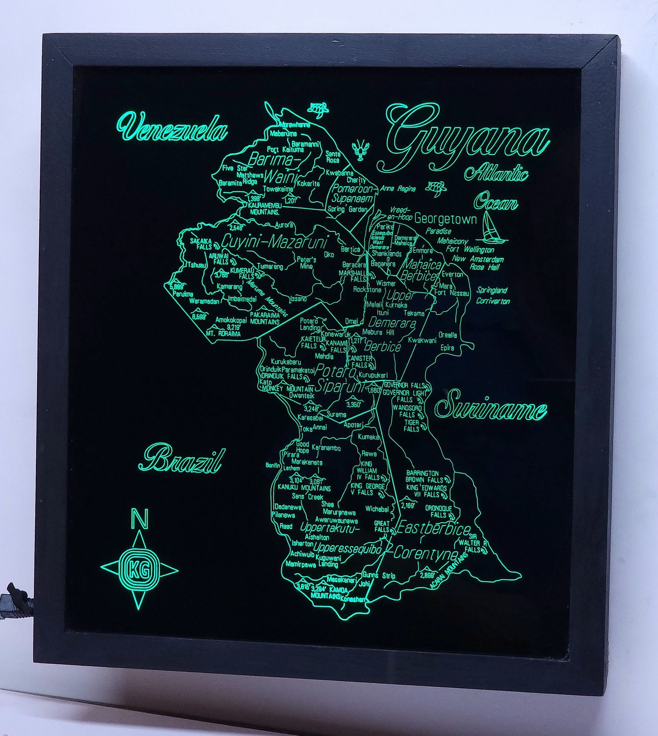LED Gift Map of the Republic of GUYANA, Map Sizes:: Medium 505mm (19-7/8&quot;)w x 450mm (17-3/4)h