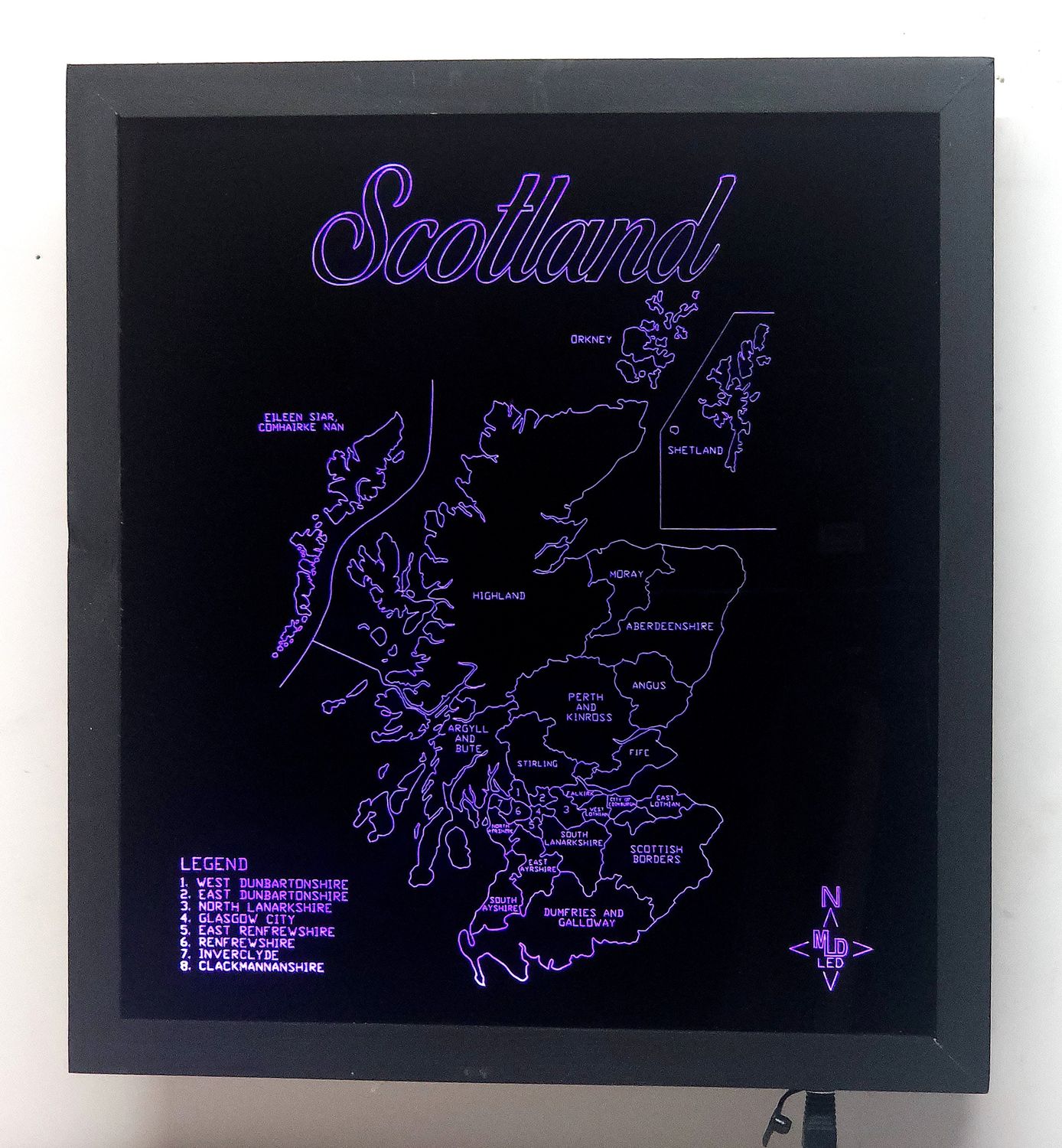 LED Gift Map of the Country of SCOTLAND, Map Sizes:: Medium 505mm (19-7/8&quot;)w x 450mm (17-3/4)h