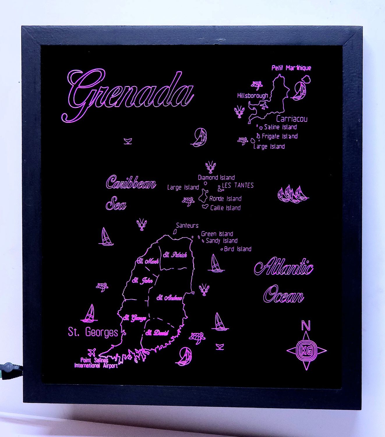 LED Gift Map of the Caribbean Islands of GRENADA, Map Sizes:: Medium 505mm (19-7/8&quot;)w x 450mm (17-3/4)h