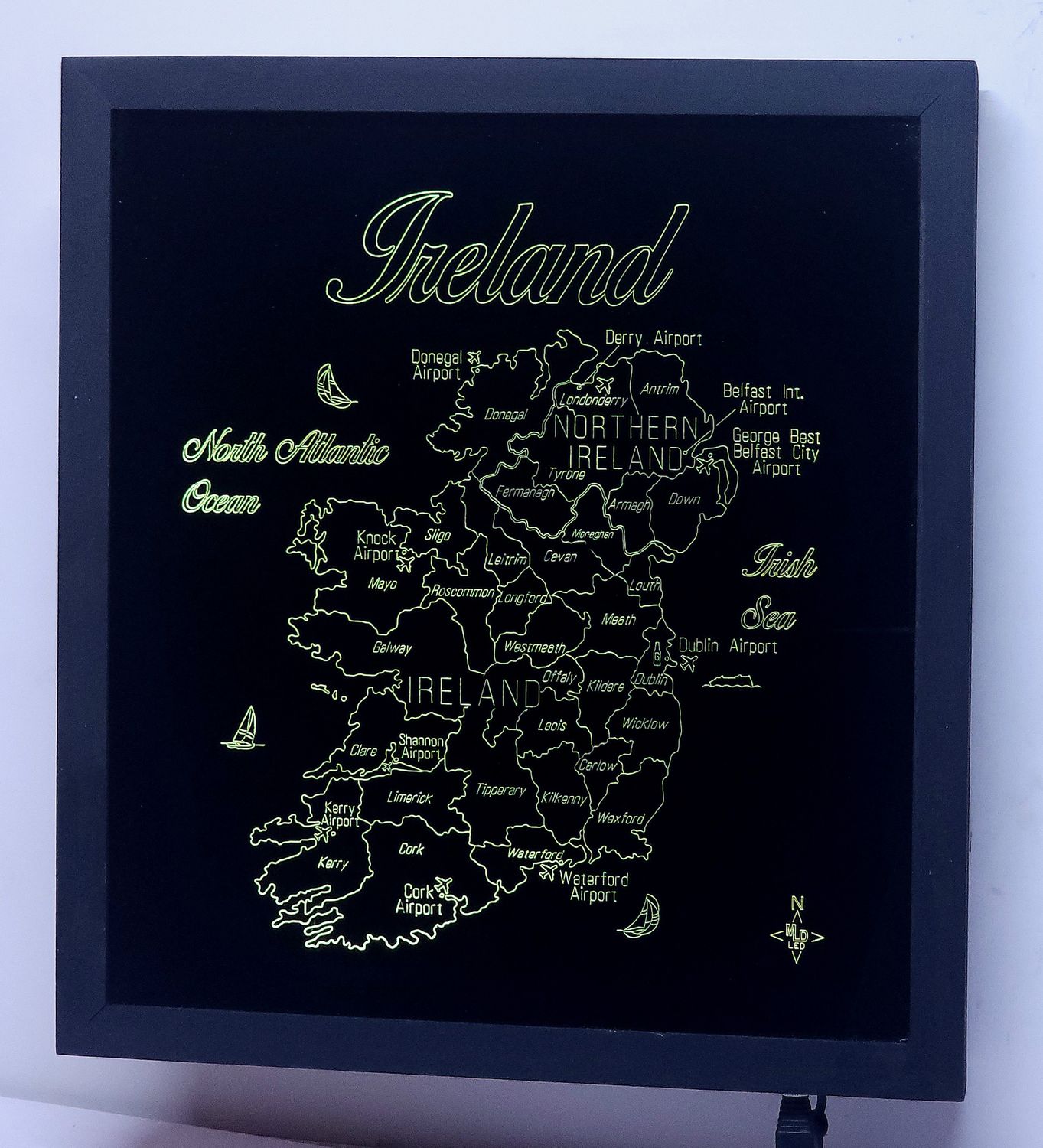 LED Gift Map of of IRELAND, Map Sizes:: Medium 450mm (17-3/4) w x 505mm (19-7/8&quot;) h