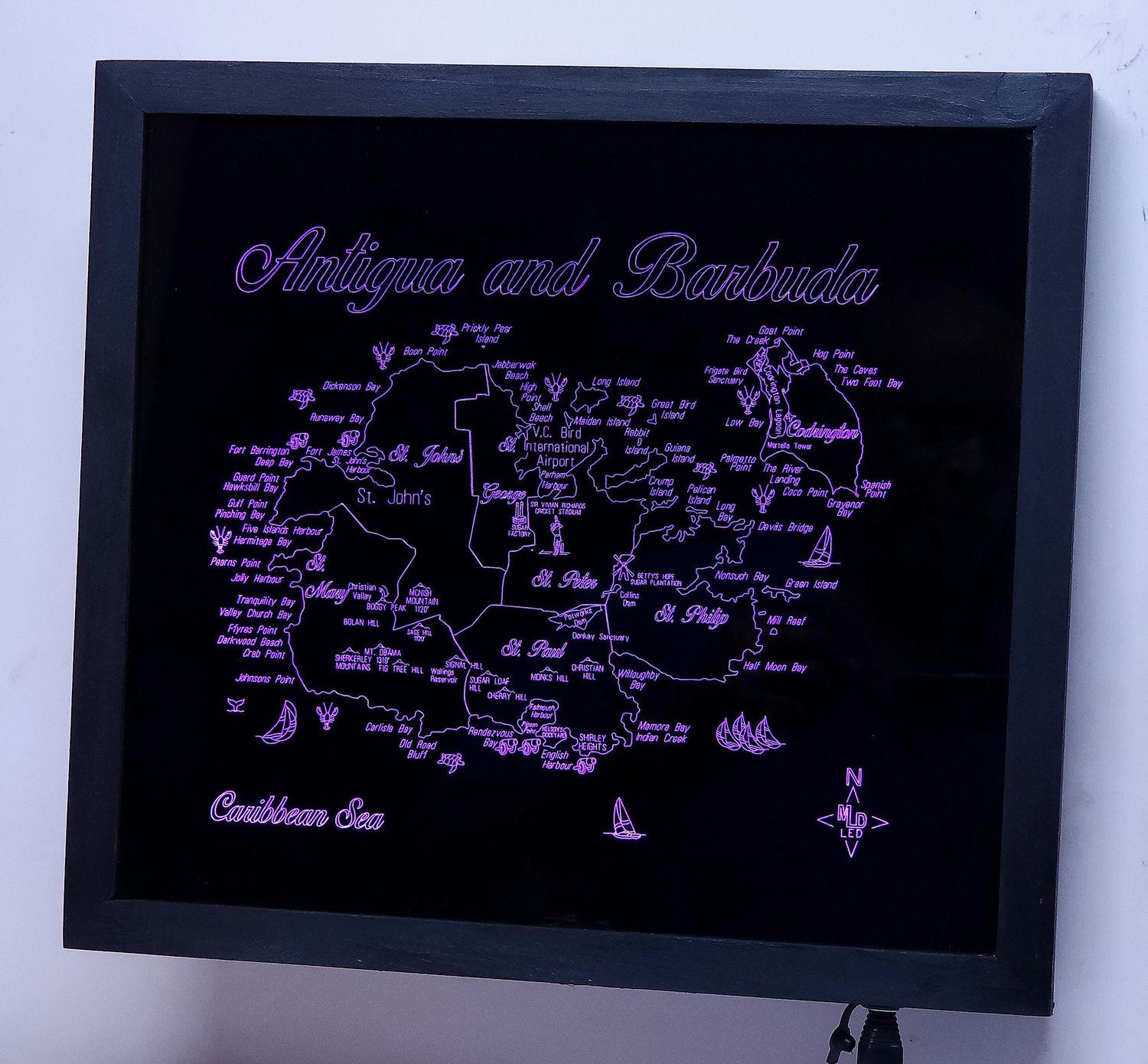LED Gift Map of the the Caribbean Islands of ANTIGUA and BARBUDA, Map Sizes:: Medium 505mm (19-7/8&quot;)w x 450mm (17-3/4)h