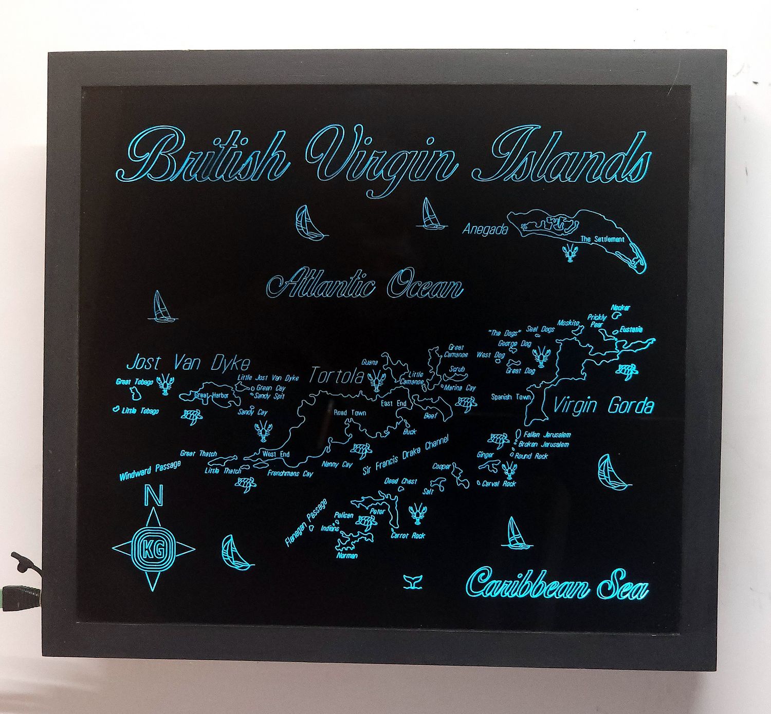 LED Gift Map of the BRITISH VIRGIN ISLANDS, Map Sizes:: Medium 610 (24&quot;) mm w x 304 (12&quot;) mm h