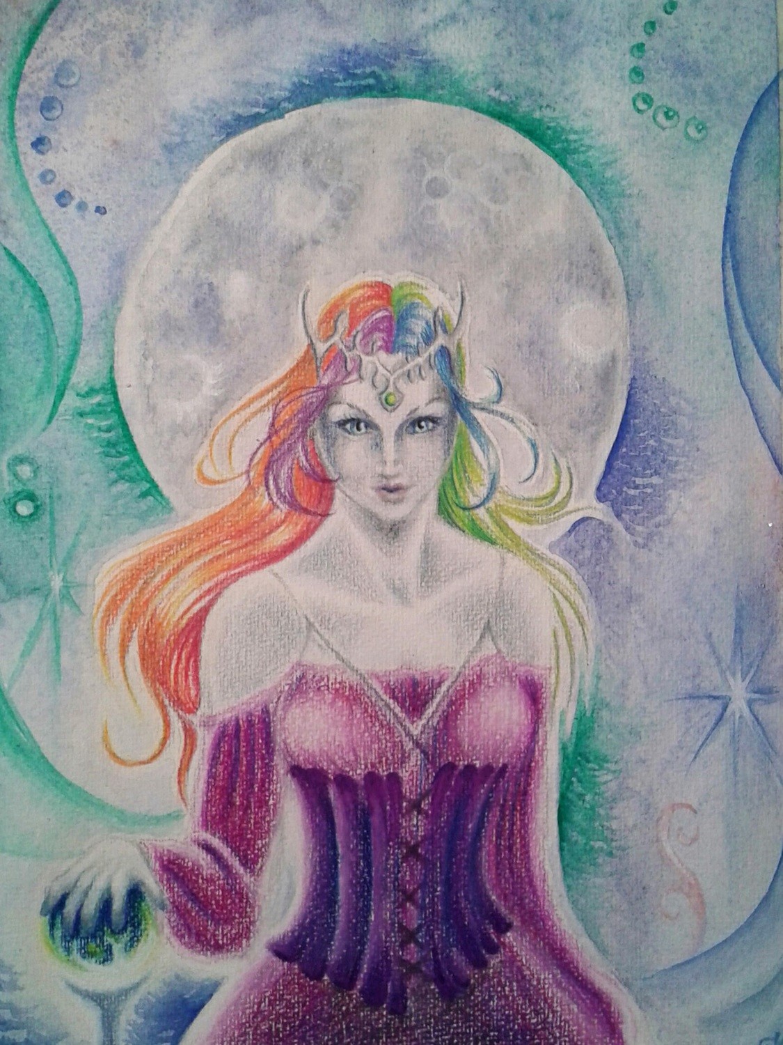 Art Print Arianrhod the MoonGoddess - pencil and watercolor Art  - Stampa artistica fantasy Arianrhod -  divinità celtica della luna - arte celtica