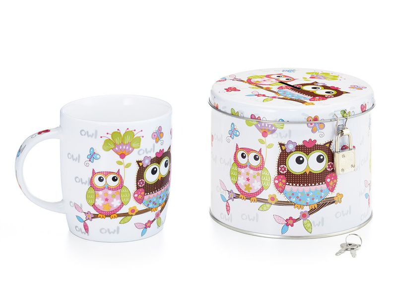 Becher, Tasse Eule mit Geschenksdose und Schloß