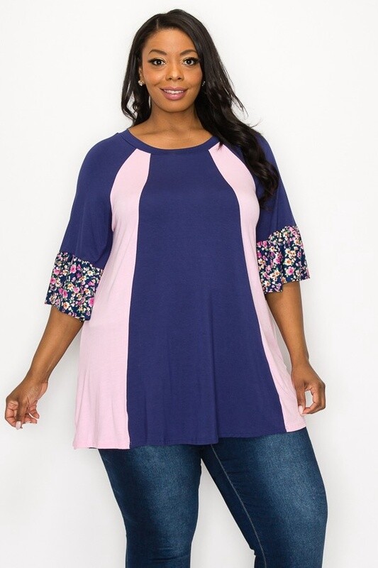 EXTENDED PLUS SIDE AND RUFFLE CONTRAST TOP