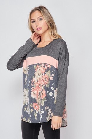 Floral Pink Contrast Curved Hem Top