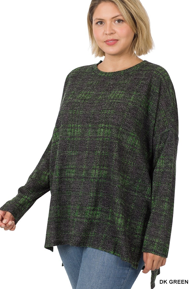 PLUS JACQUARD PLAID DOLMAN LONG SLV HI-LOW HEM TOP
