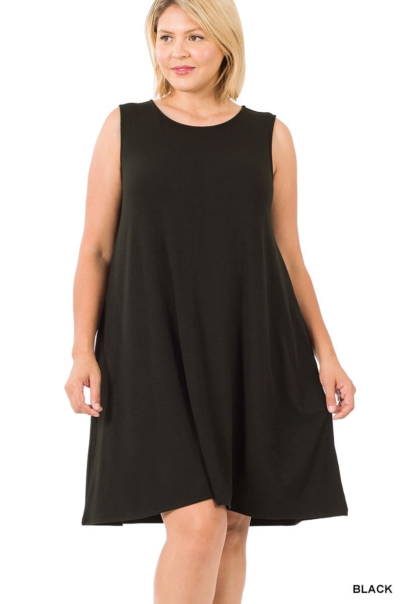 PLUS SLEEVELESS FLARED DRESS WITH SIDE POCKETS