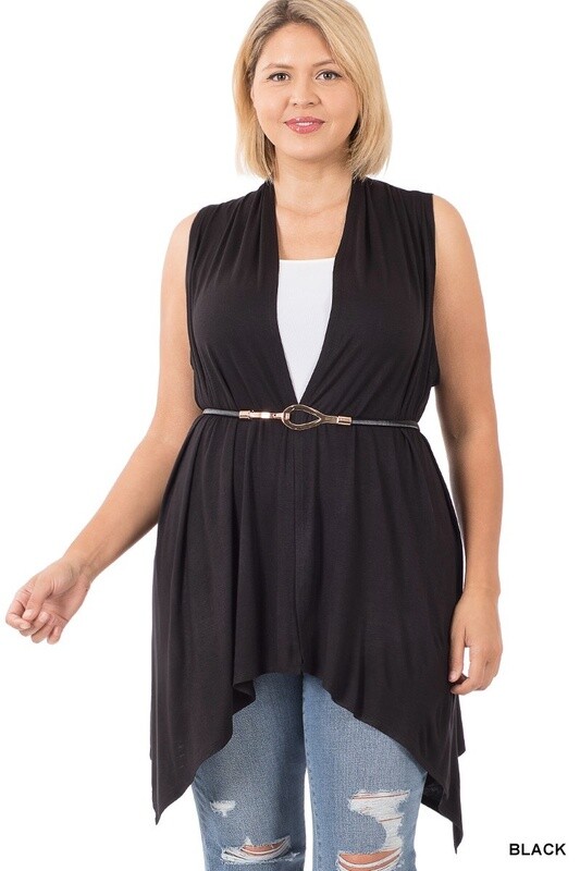 PLUS SLEEVELESS DRAPED OPEN FRONT CARDIGAN