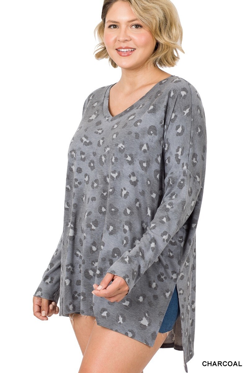PLUS PRINTED DOLMAN LONG SLEEVE HI-LOW HEM TOP