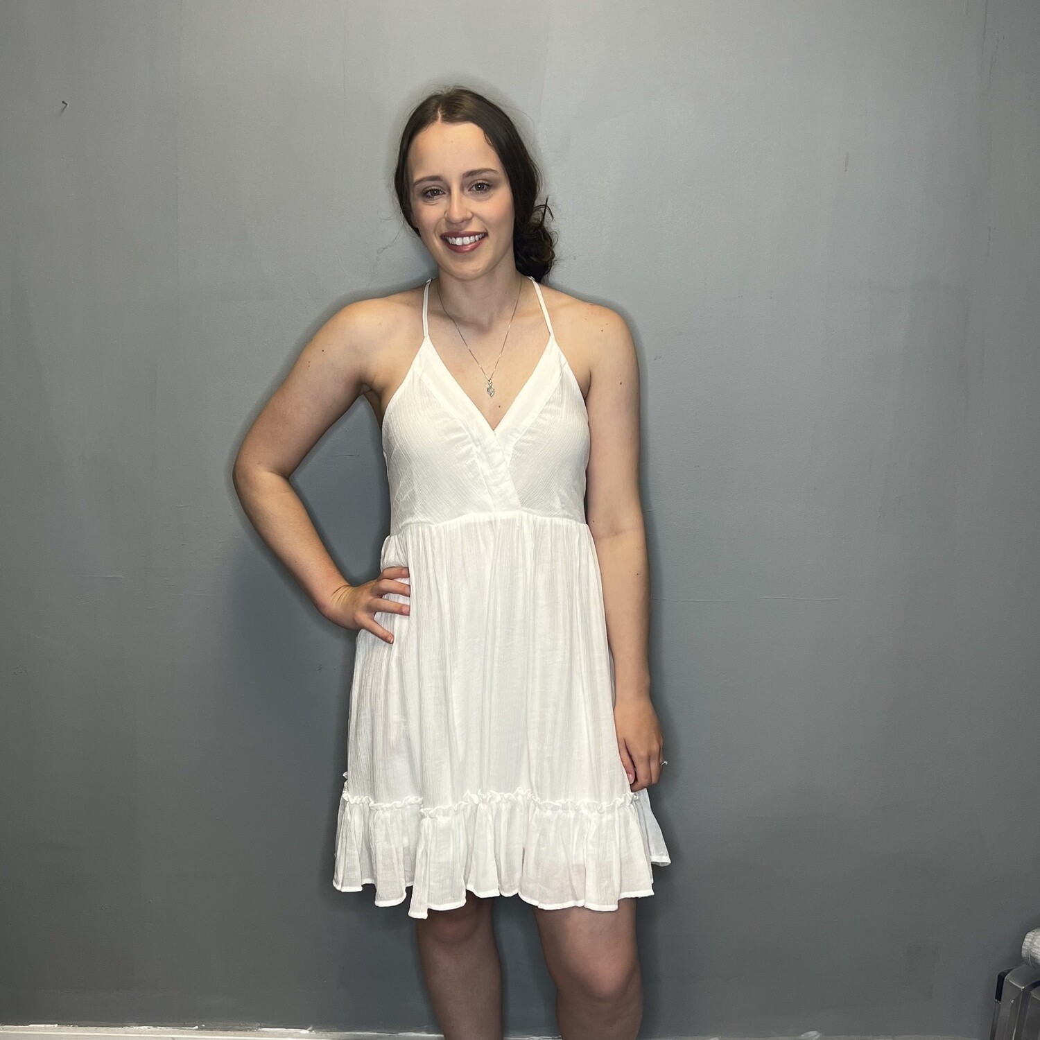 Woven Lattice Open Back Ruffle Mini Dress