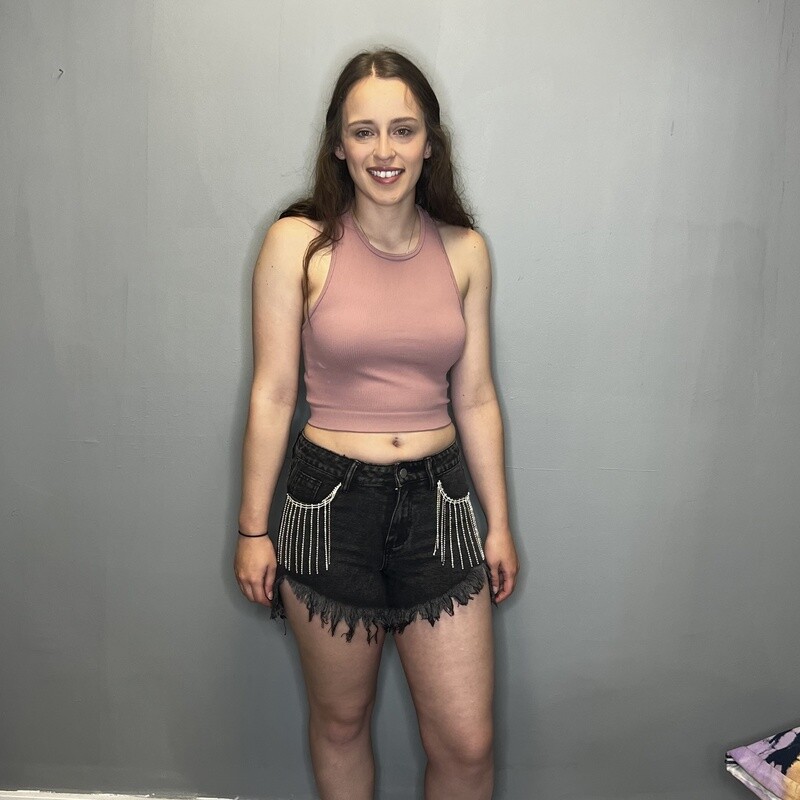 Rhinestone Fringe Trim Raw Hem Denim Shorts
