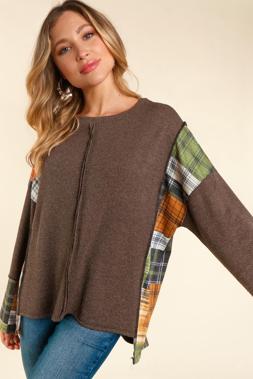PLUS PLAID LONG SLEEVE LOOSE FIT SWEATER KNIT TOP
