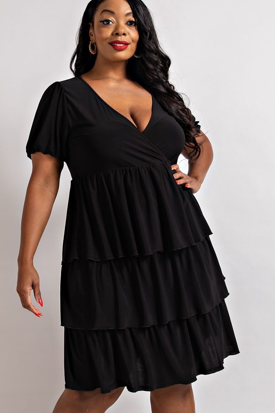 SURPLICE BUBBLE SLEEVE MULTI RUFFLE DRESS