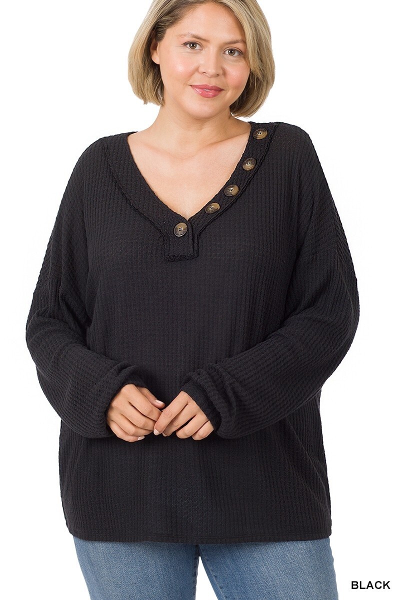 PLUS BRUSHED THERMAL WAFFLE BUTTON DETAIL SWEATER