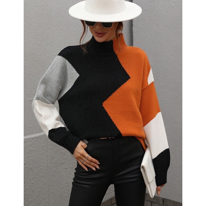 Color Block Long Sleeve Mock Neck Sweater