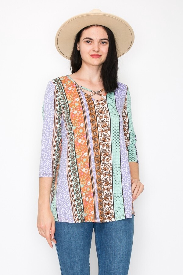 Plus Multi Color Criss Cross 3/4 Sleeve Top