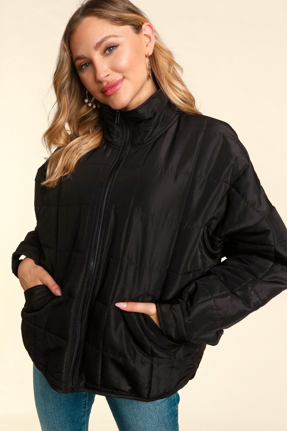 HIGH NECK ZIPPER UP PUFFER JACKET WITH POCKETS