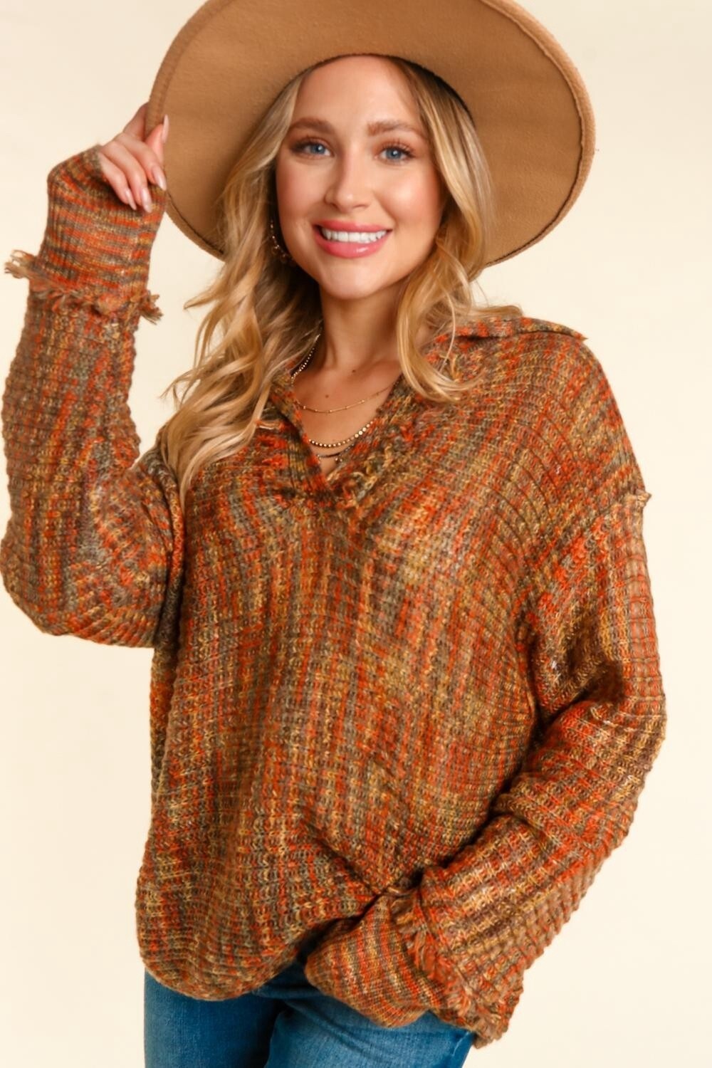 PLUS NOTCHED NECK WITH FRINGE OVERSIZED SWEATER