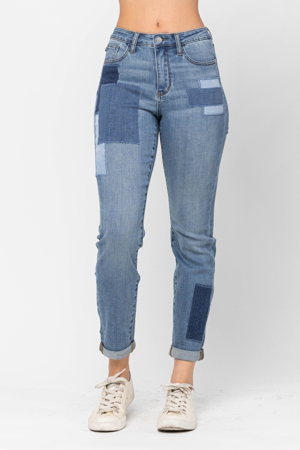 Plus High Waist Patches w/ Double Rolled Cuff BF