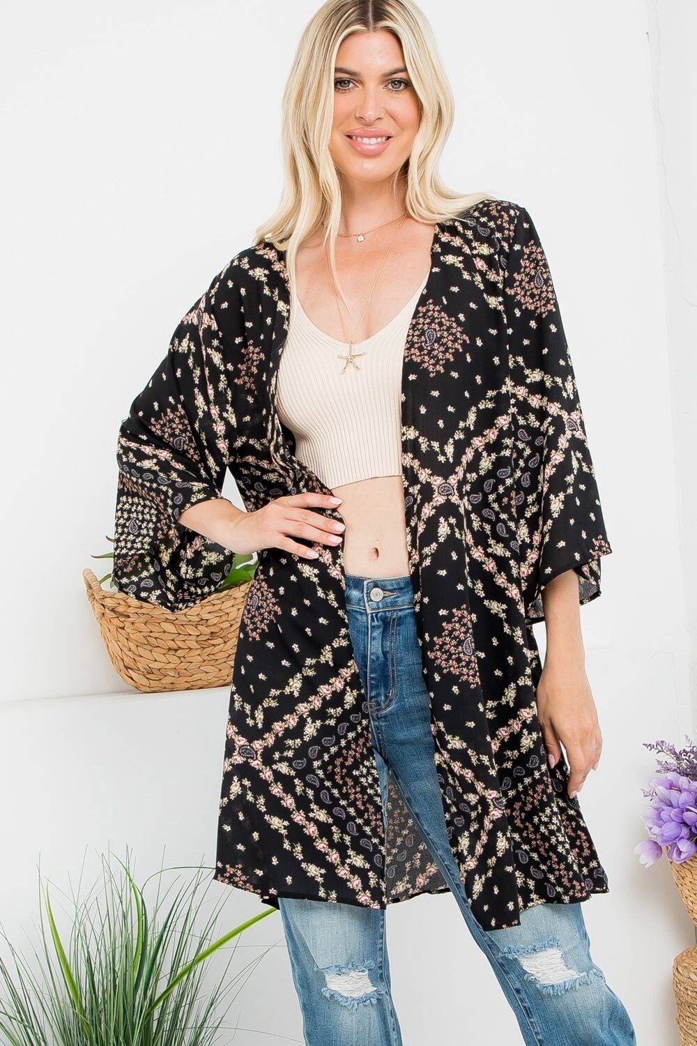 Plus Bandana Printed Doby Cardigan, Size: 1X, Colour: Black