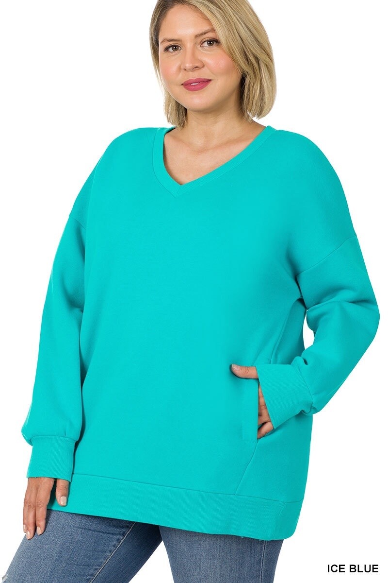 PLUS LONG SLEEVE V-NECK SWEATSHIRT SIDE POCKETS, Size: 1X, Colour: Ice Blue