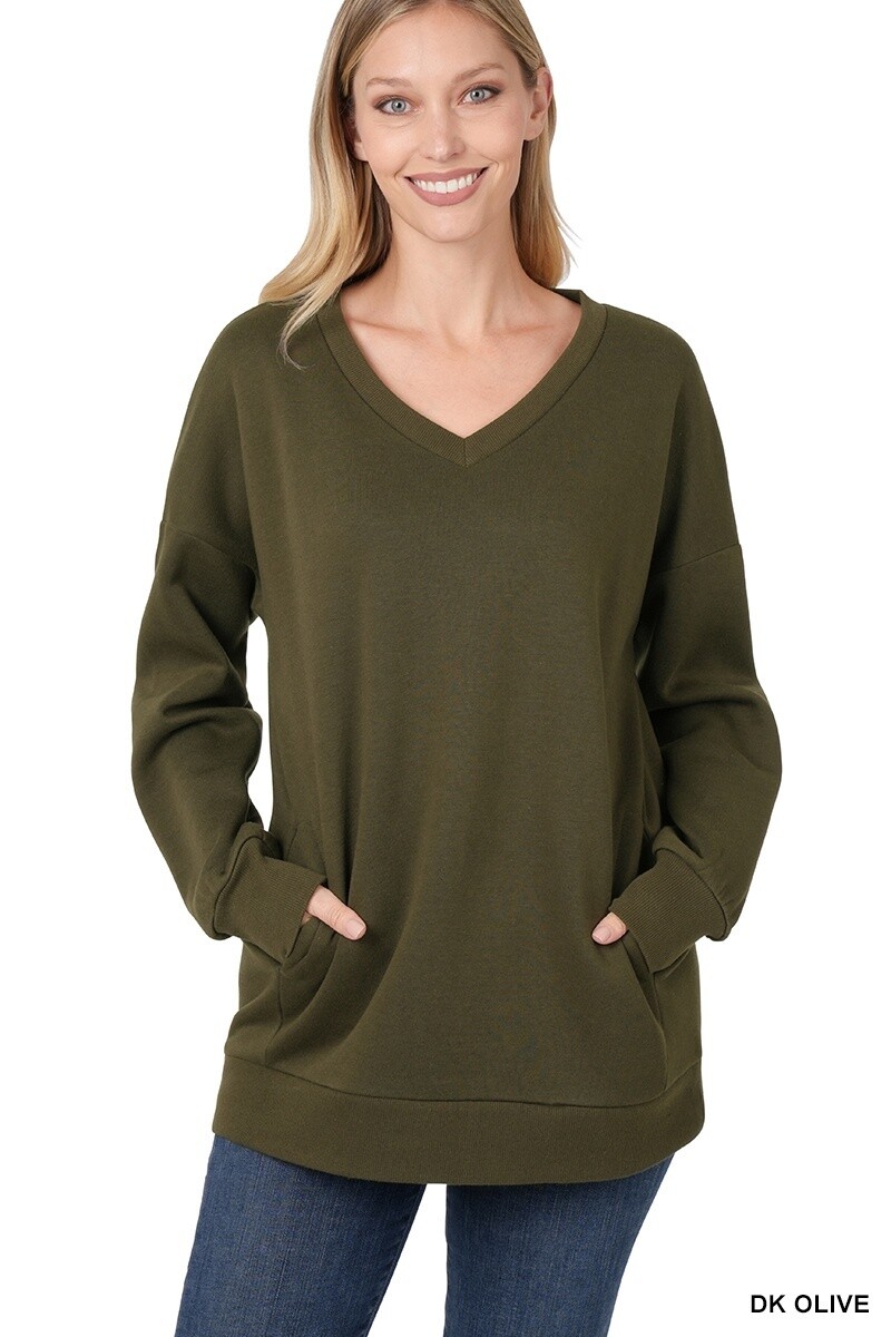 LONG SLEEVE V-NECK SWEATSHIRT SIDE POCKETS, Size: Small, Colour: DK Olive