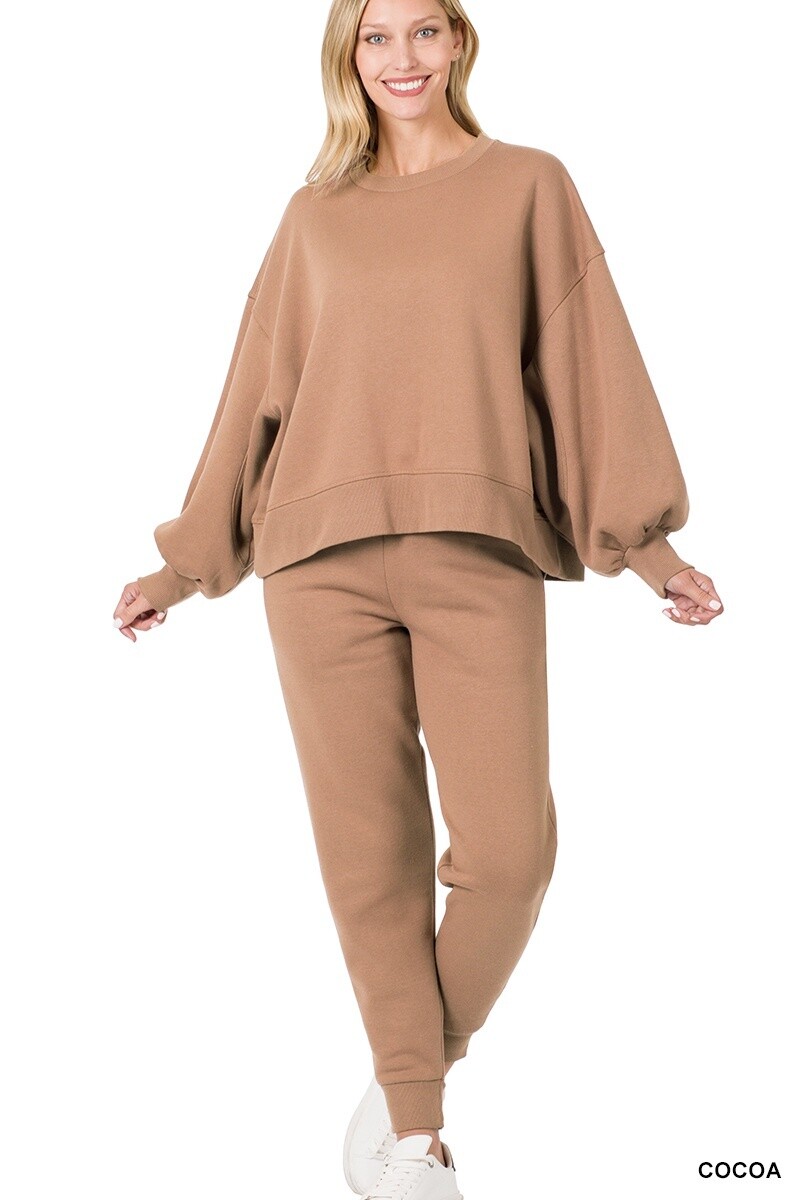 BALLOON SLEEVE SWEATSHIRT &amp; SWEATPANTS SET, Size: Small, Colour: Cocoa