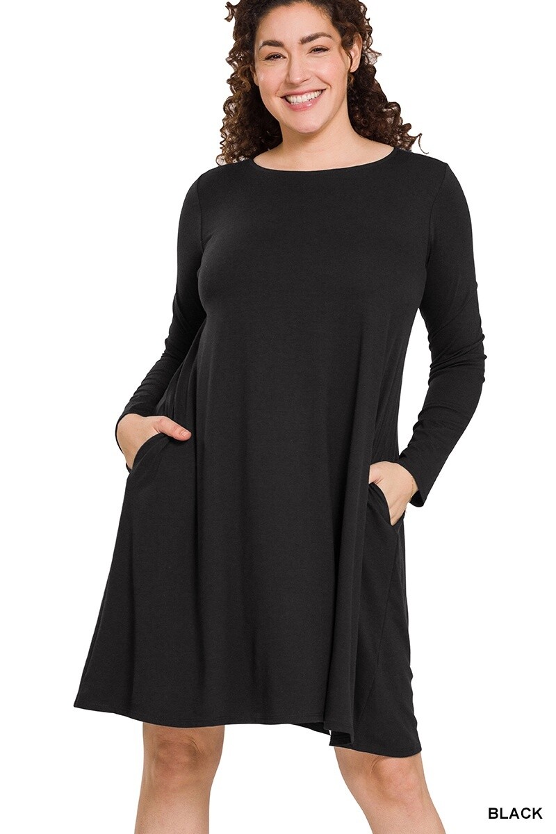 PLUS LONG SLEEVE FLARE DRESS WITH POCKETS, Size: 1X, Colour: Black