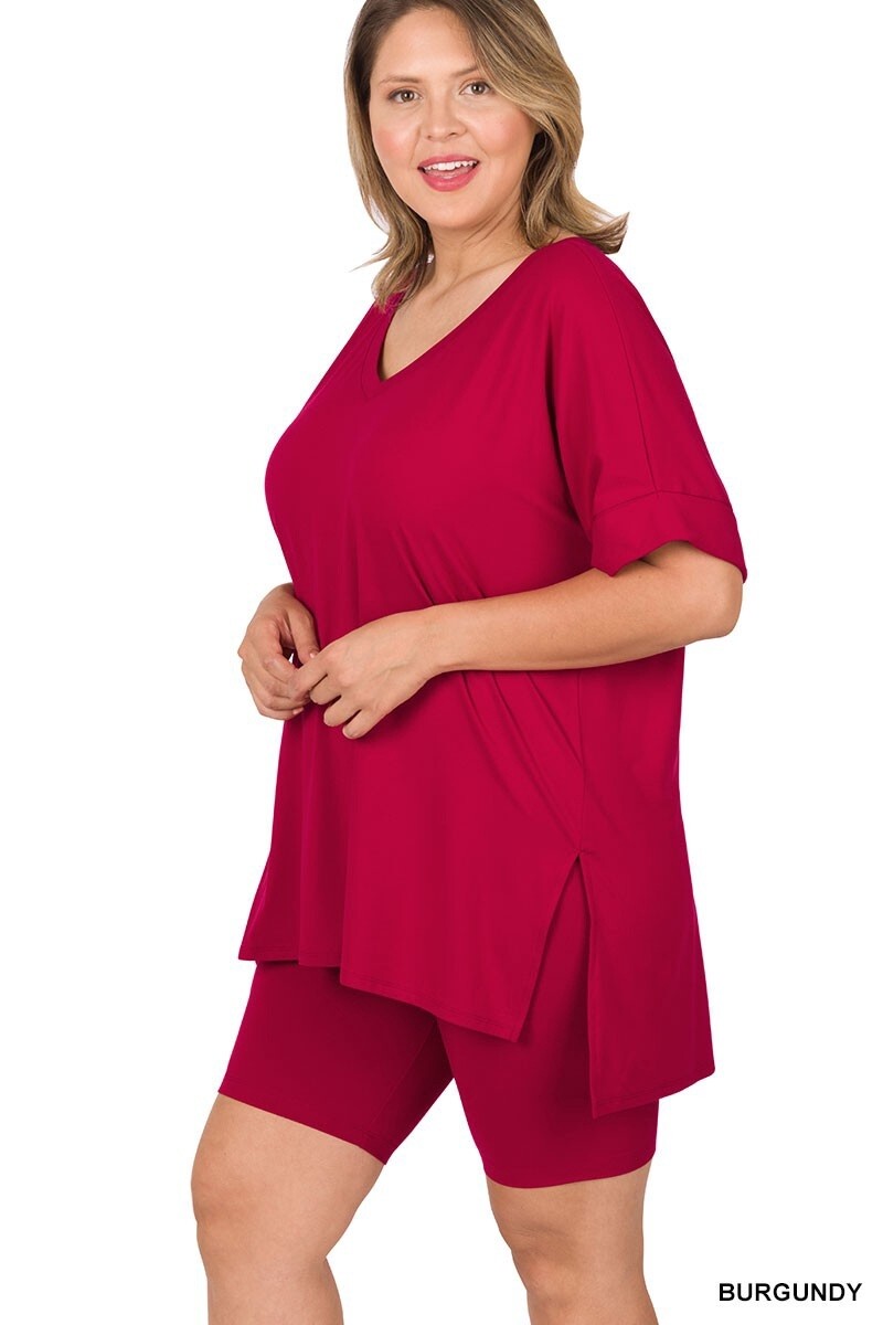PLUS BRUSHED DTY MICROFIBER V-NECK TOP &amp; BIKER, Size: 1X, Colour: Burgundy