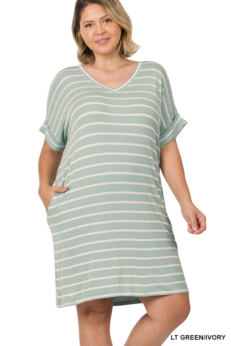 PLUS STRIPE ROLLED SHORT SLEEVE V-NECK DRESS, Size: 1X, Colour: Dusty Green/ Ivory
