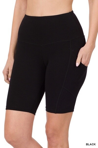 COTTON WIDE WAISTBAND BIKER SHORTS WITH POCKETS, Size: Small, Colour: Black
