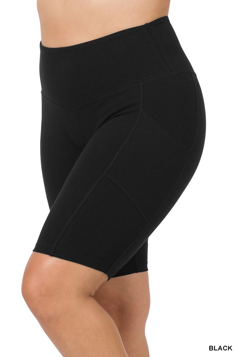 PLUS COTTON WAISTBAND BIKER SHORTS WITH POCKETS, Size: 1X, Colour: Black